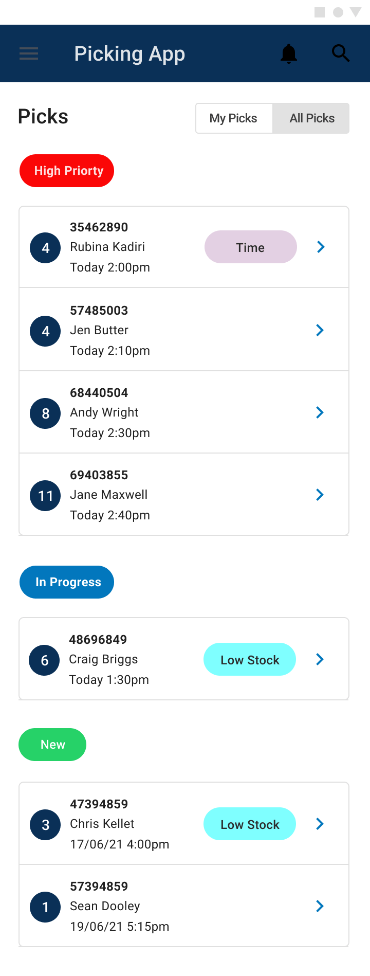 Picks list grouped by status with colour-coded tags